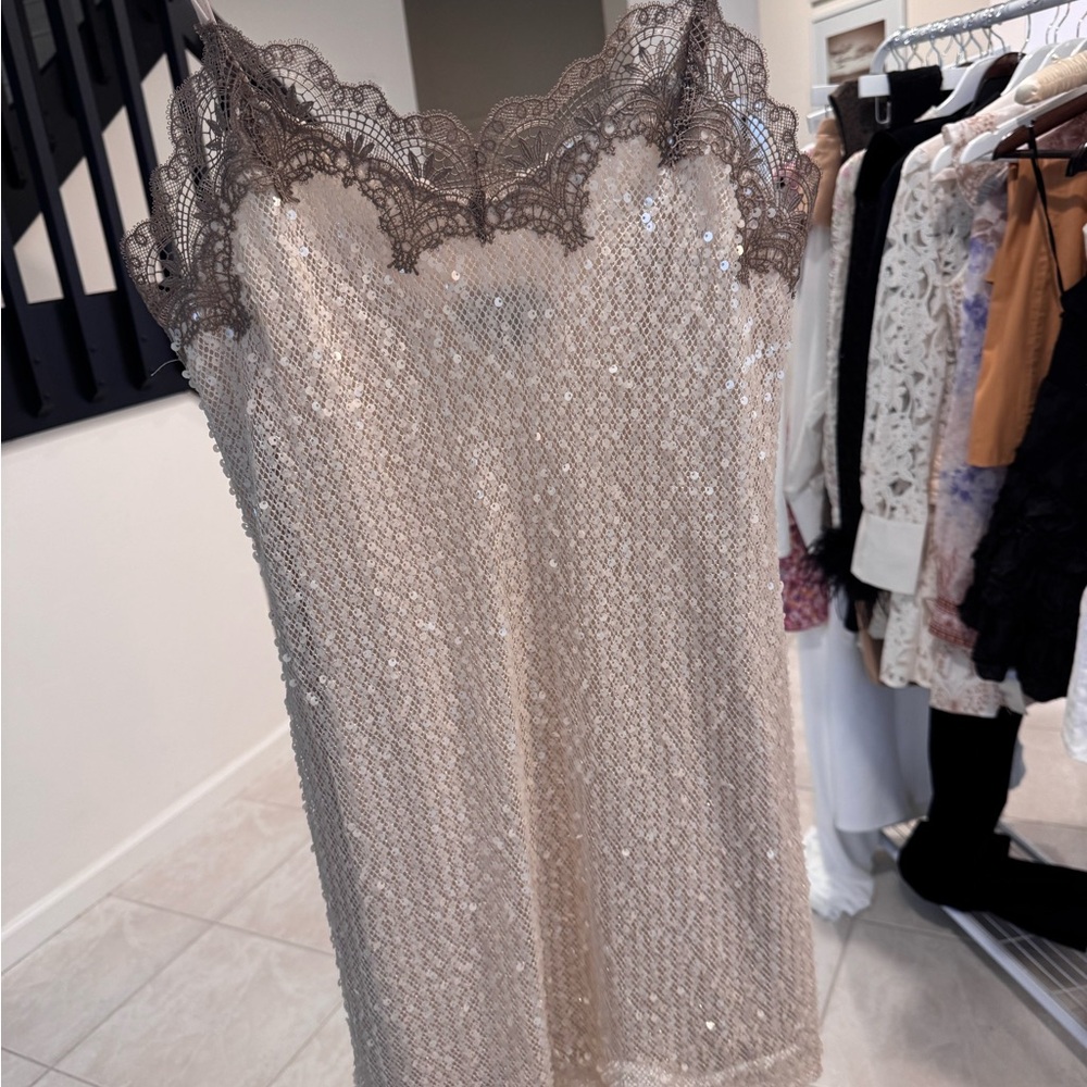 Kenneth Cole Taupe Sequin Lace Slip Dress